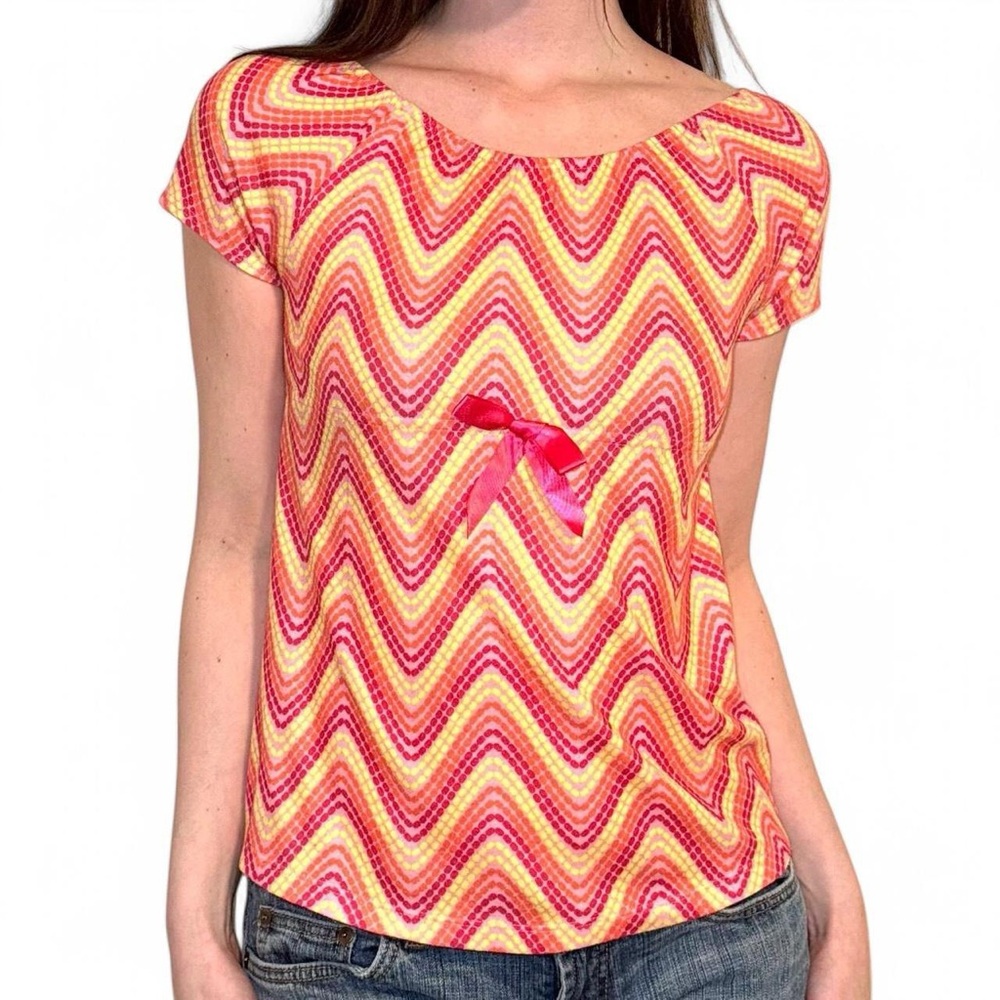 Pink and yellow chevron print top with bow detail